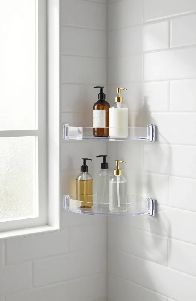 Clear acrylic wall-mounted shower shelf holding bottles and bath products with minimalist design