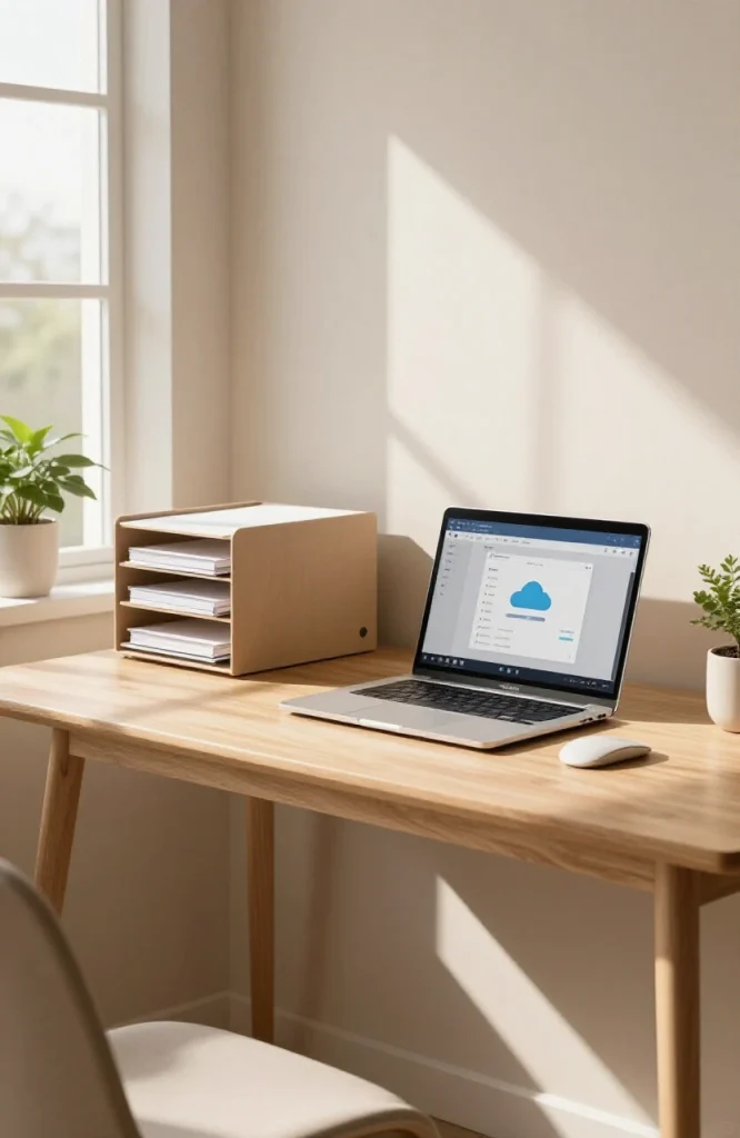 Cloud storage interface showing organized folders and files for remote work accessibility across devices