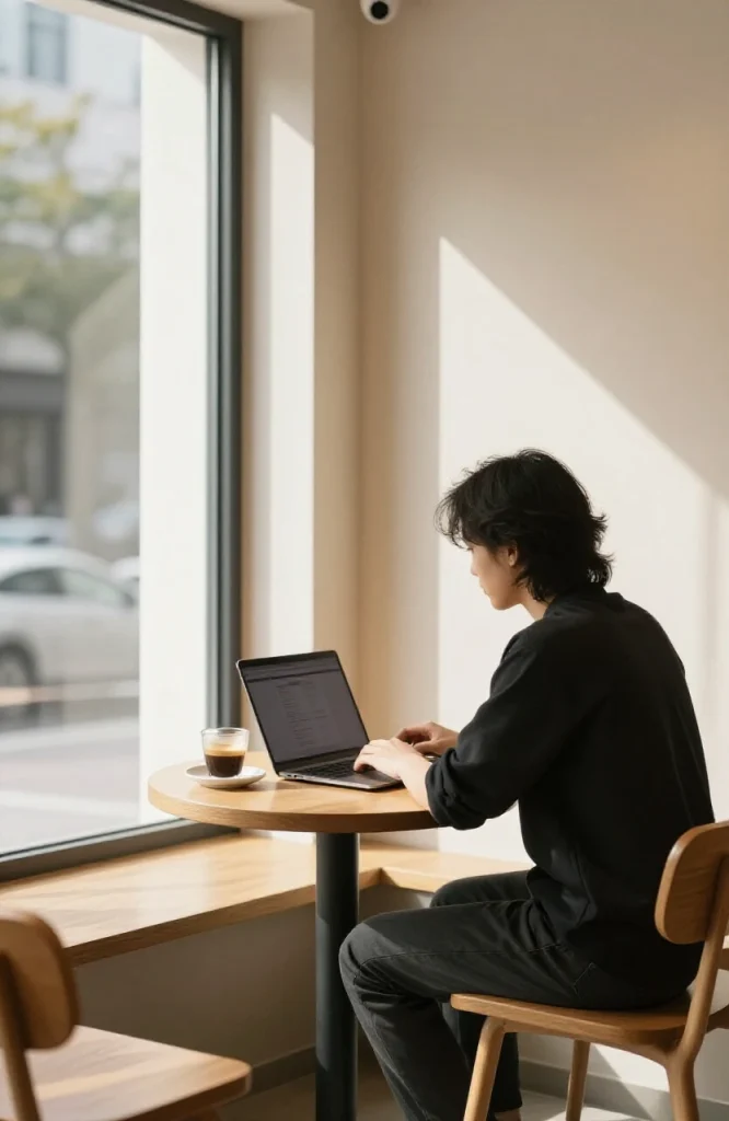 Laptop and notebook on coffee shop table with beverage, demonstrating portable remote work environment
