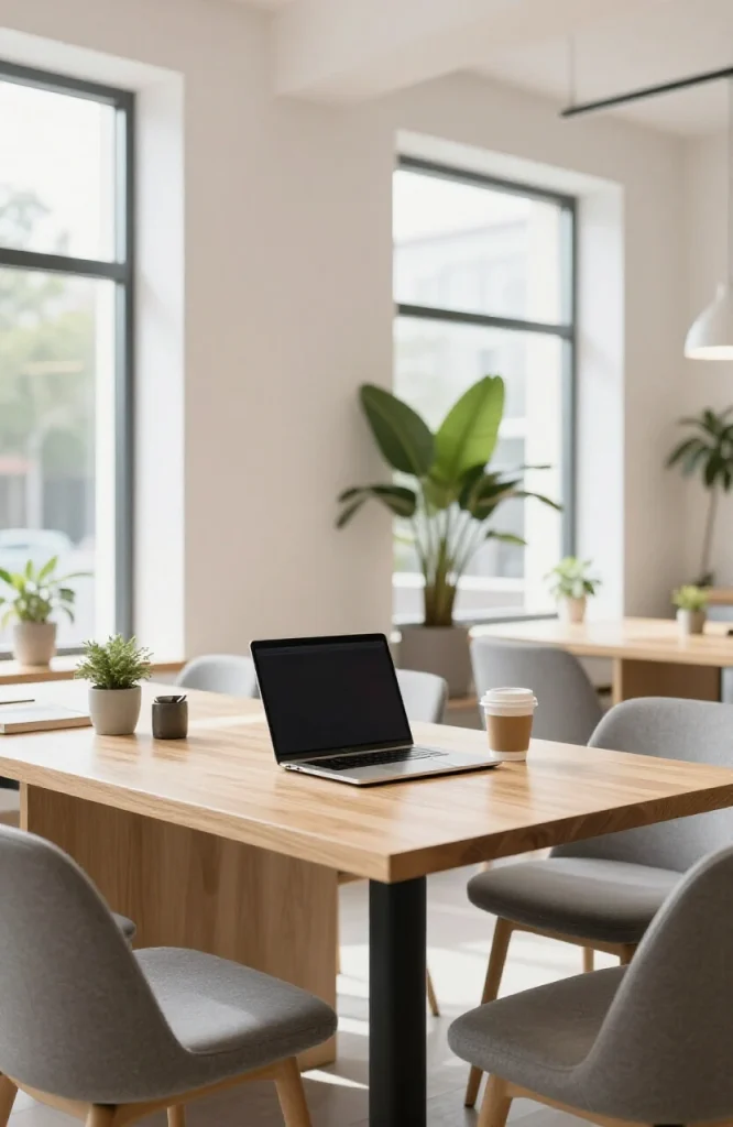 Modern coliving space with shared desk area, ergonomic chair, natural lighting, and collaborative workspace furniture