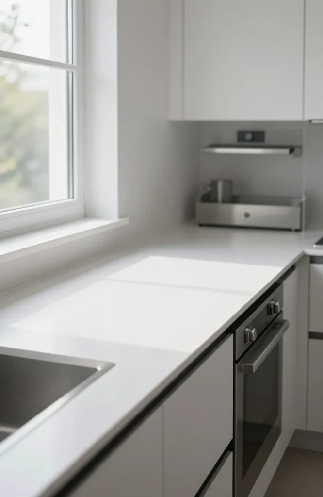 Compact surface countertop in neutral tone resembling marble with seamless finish and modern aesthetic