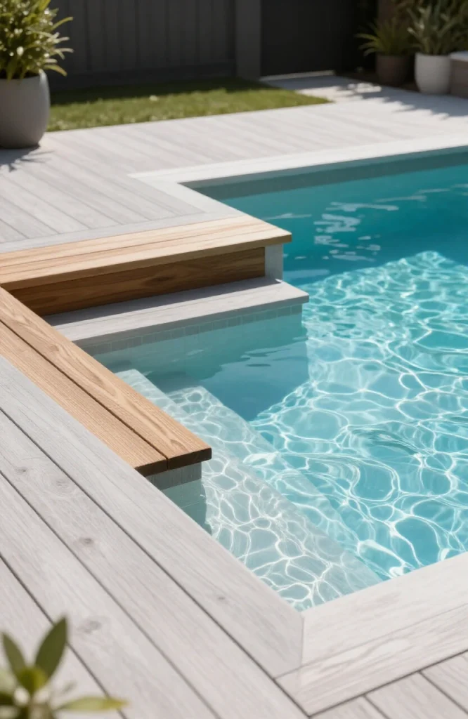 Composite deck plunge pool with integrated bench seating at water level for small yard design