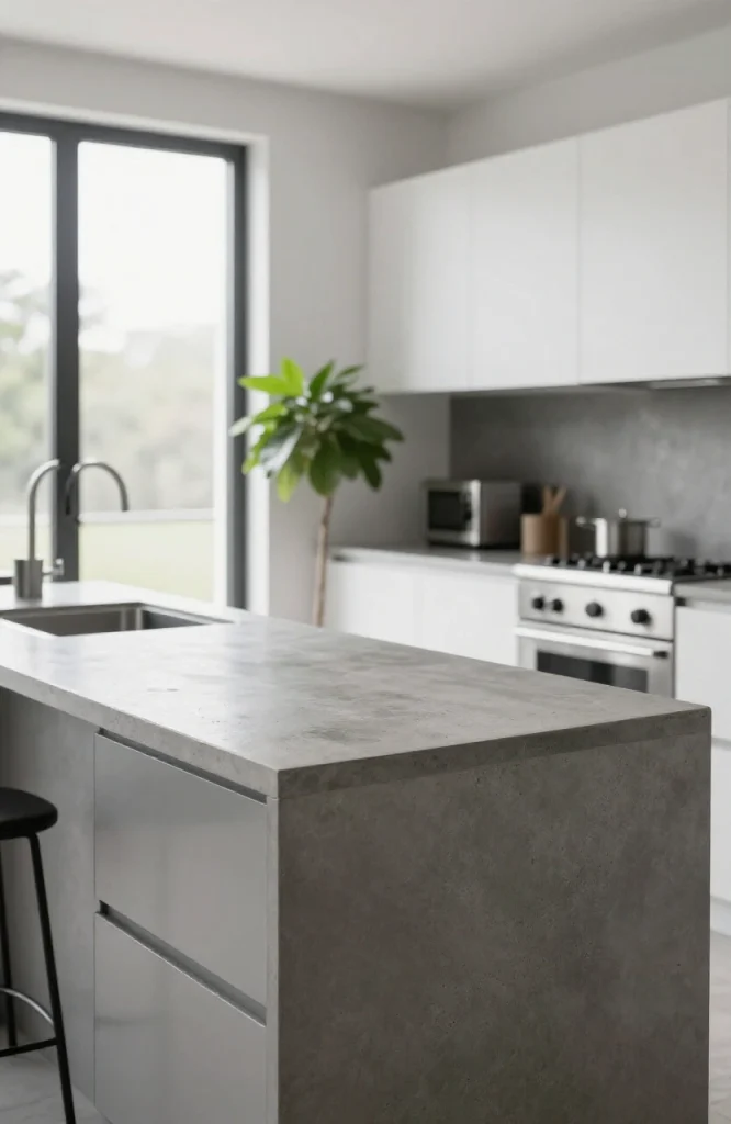 Modern kitchen with gray concrete countertops featuring smooth polished surface and minimalist design