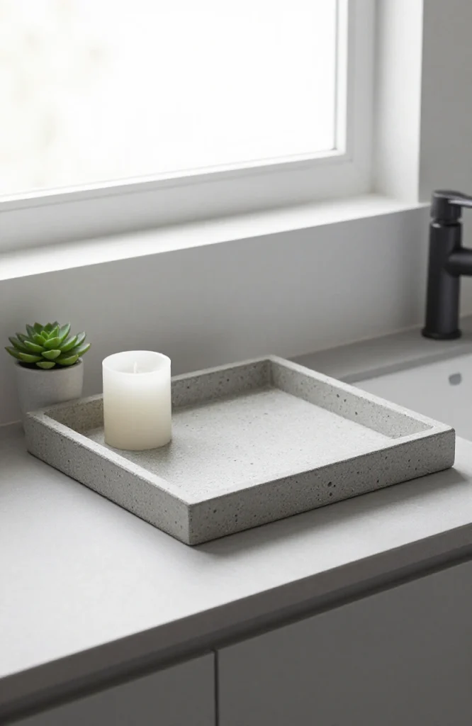 Concrete terrazzo bathroom tray styled on vanity with toiletries and decorative items for elegant storage