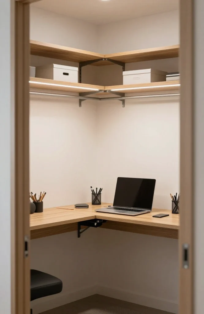 Compact home office workspace built inside a converted closet with desk, shelving, and task lighting