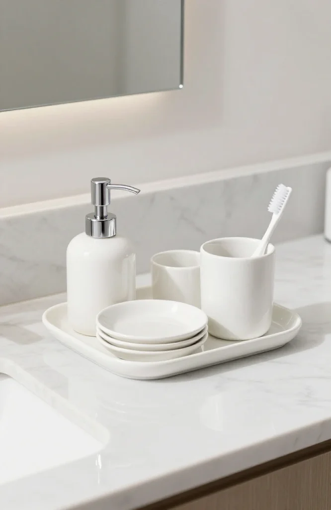 Coordinated bathroom vanity tray with matching soap dispenser, toothbrush holder, and decorative accessories in cohesive desi