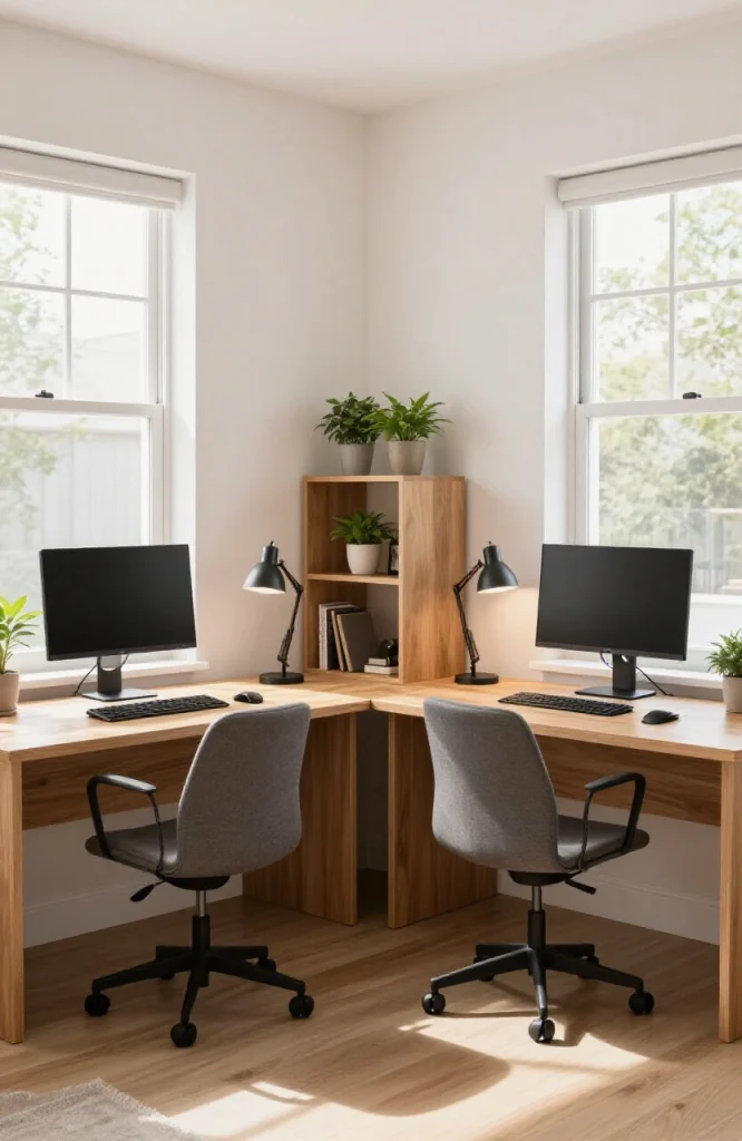 Two people working side by side at a shared desk in a bright room with plants and natural lighting