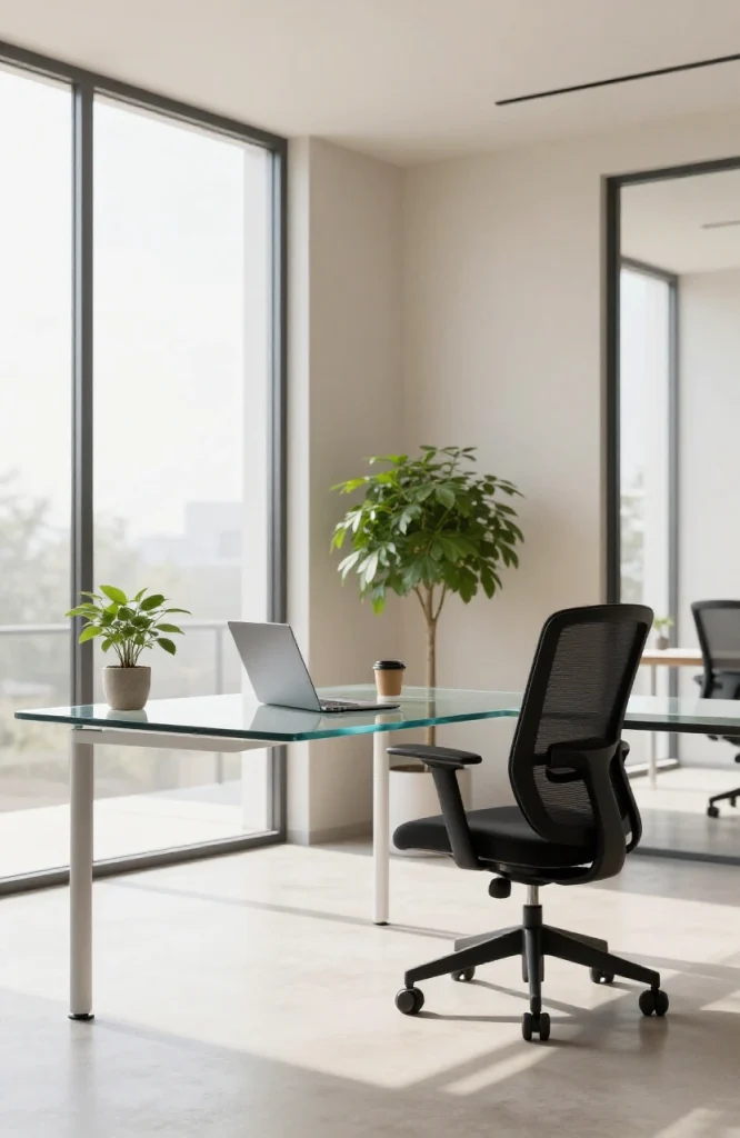 Modern coworking space with shared desk, ergonomic chair, laptop, and coffee cup for day-pass workers