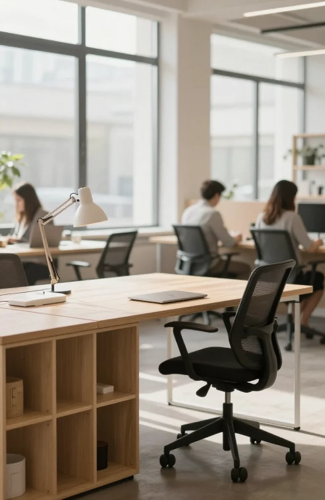 Professional coworking space with dedicated desk, ergonomic chair, desk lamp, monitor, and natural light from windows