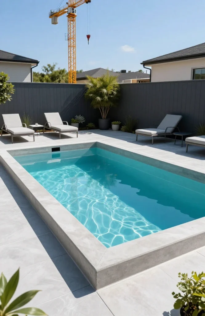 Precast concrete plunge pool being installed with crane equipment in residential backyard