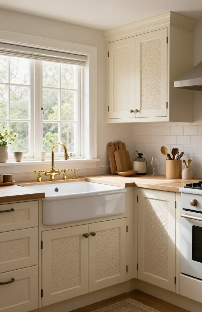 Victorian kitchen with cream beaded inset cabinets, white farmhouse apron sink, and brass bridge faucet
