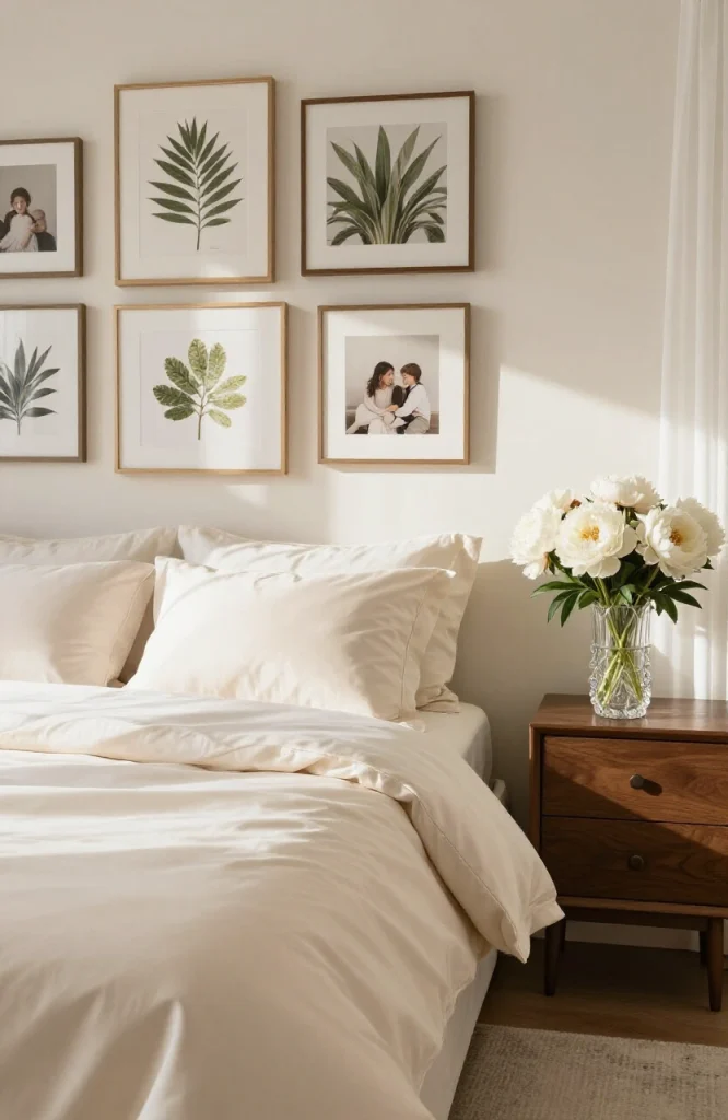 Bedroom interior with framed artwork, decorative accessories, and personal items arranged on nightstand and walls