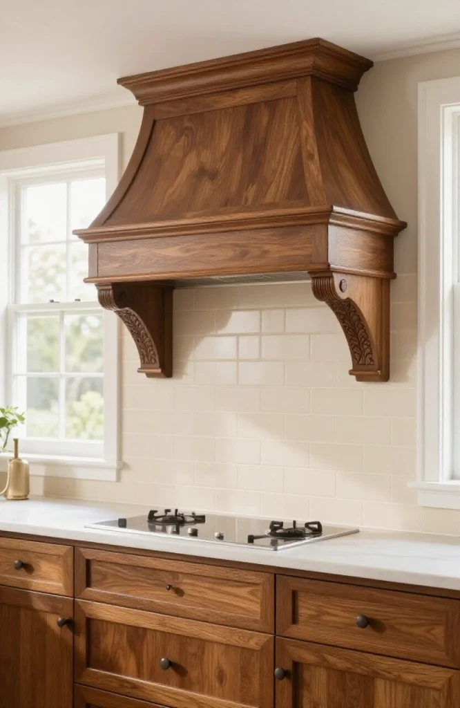 Custom wood range hood with ornate carved corbel brackets in Victorian kitchen design