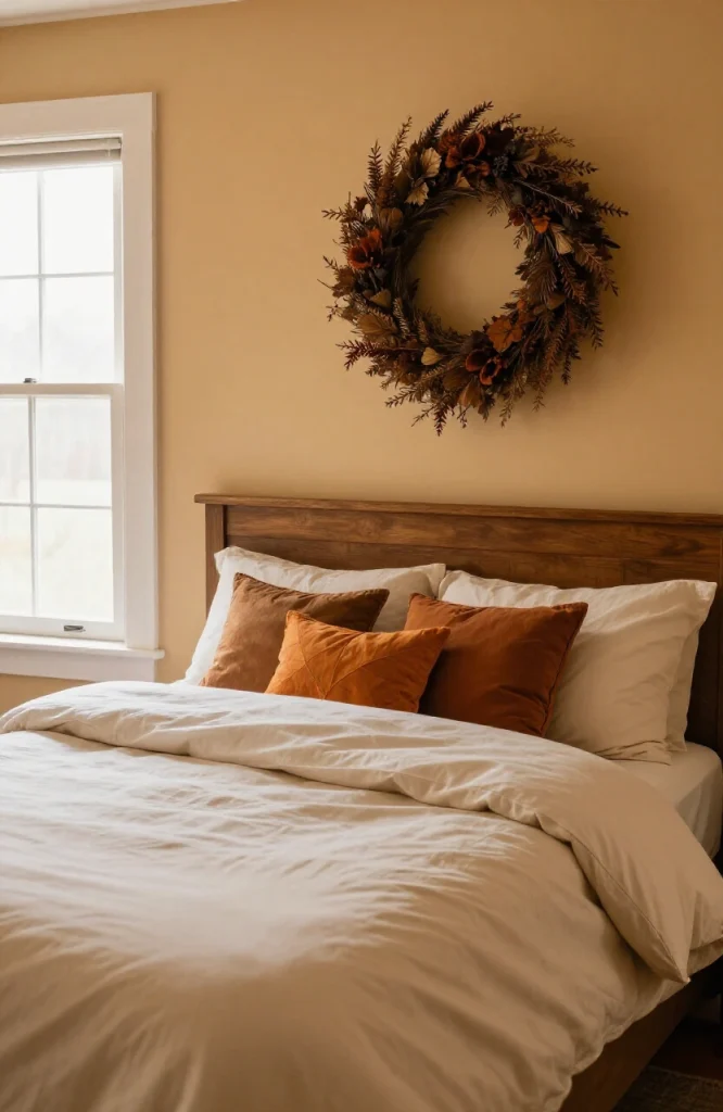 Dark dried floral wreath mounted above wooden bed headboard as Halloween bedroom decoration accent