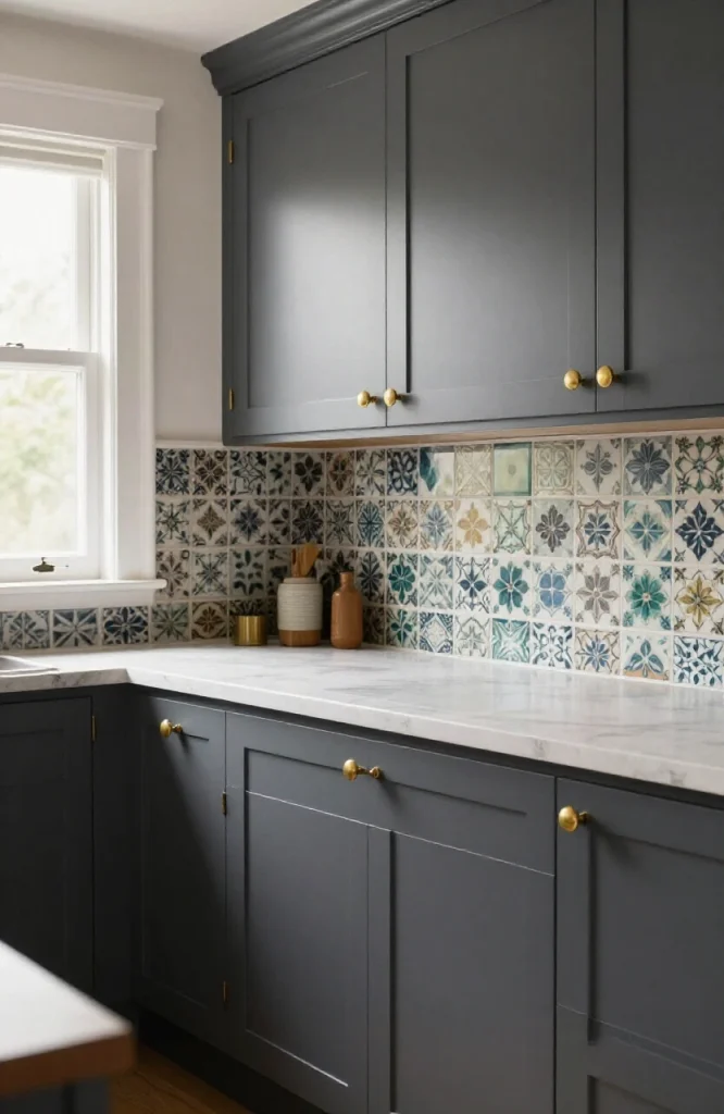 Victorian kitchen with dark flat-front cabinets, large brass bin pulls, and patterned Victorian tile backsplash