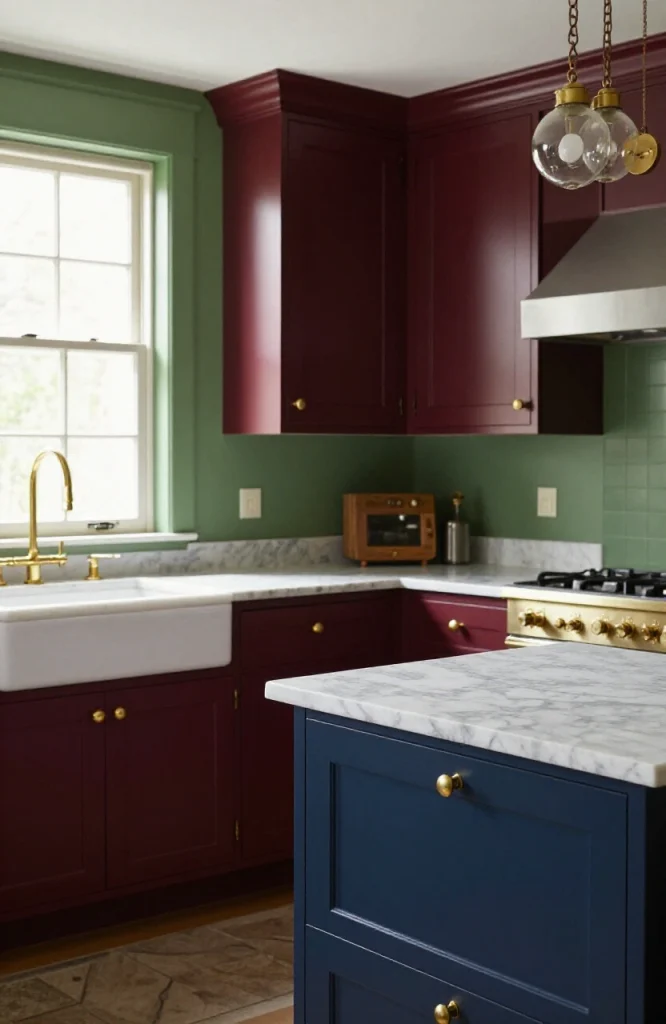 Victorian kitchen featuring deep jewel-tone cabinetry, ornate hardware, and traditional design elements with dramatic lightin