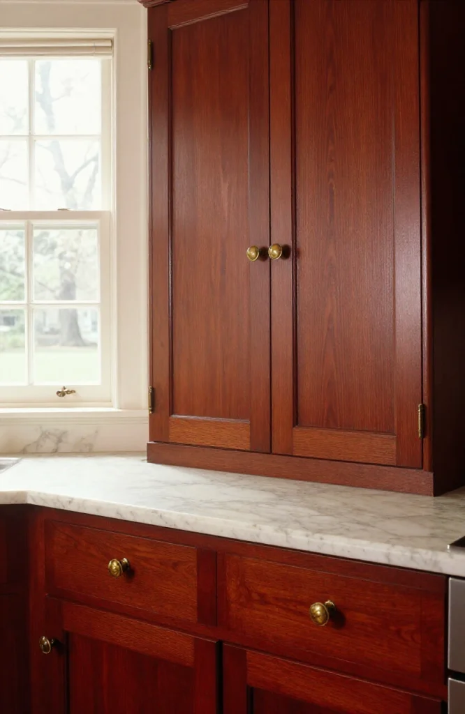 Victorian kitchen featuring dark mahogany cabinetry with ornate antique brass cup pulls and traditional hardware details