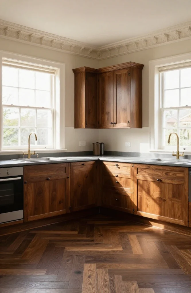 Victorian kitchen featuring dark oak herringbone flooring and white ceiling-height crown molding trim