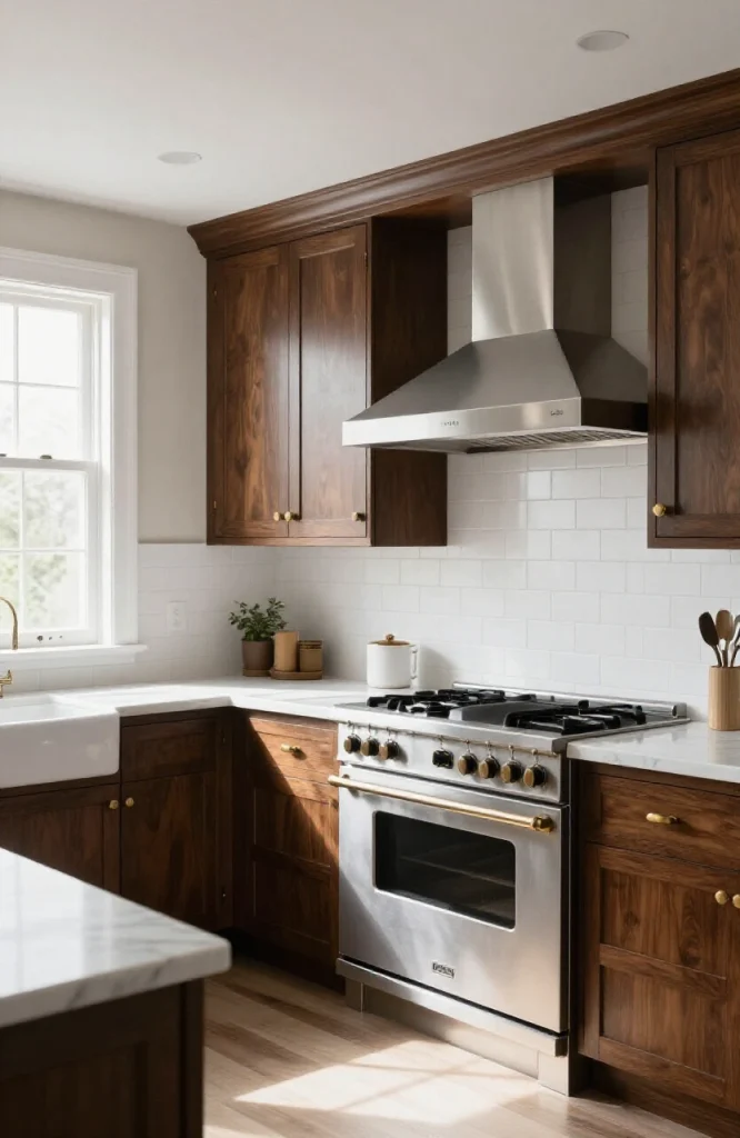 Victorian kitchen with dark walnut cabinets and stainless steel professional grade appliances