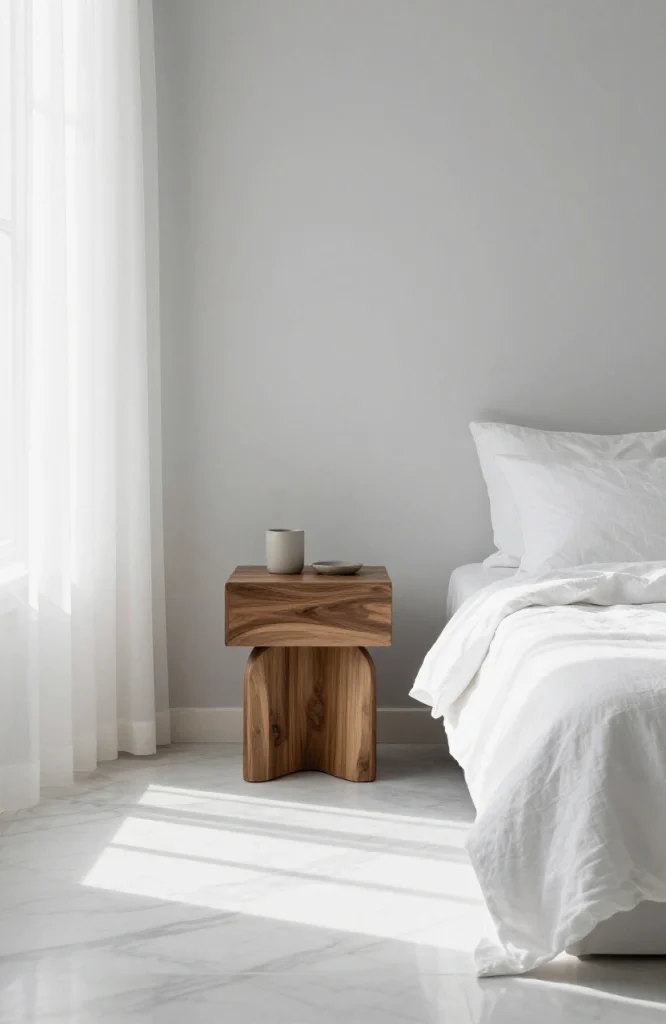 Minimalist bedroom with organized nightstand, clean surfaces, and open floor space demonstrating luxury through decluttering