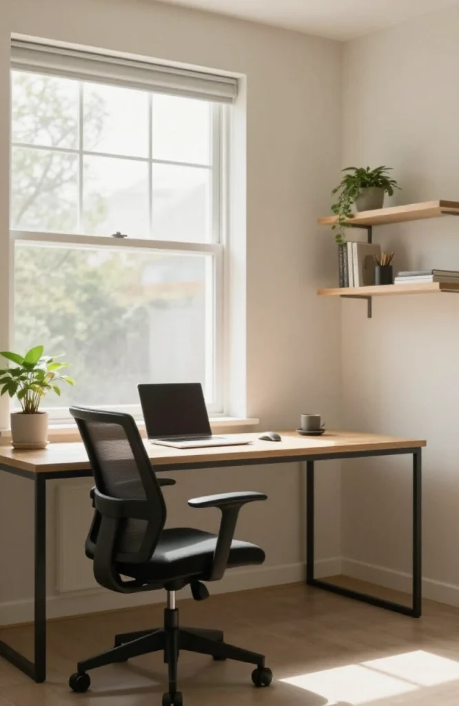 Organized home office workspace with desk, ergonomic chair, shelving, and natural lighting for focused remote work