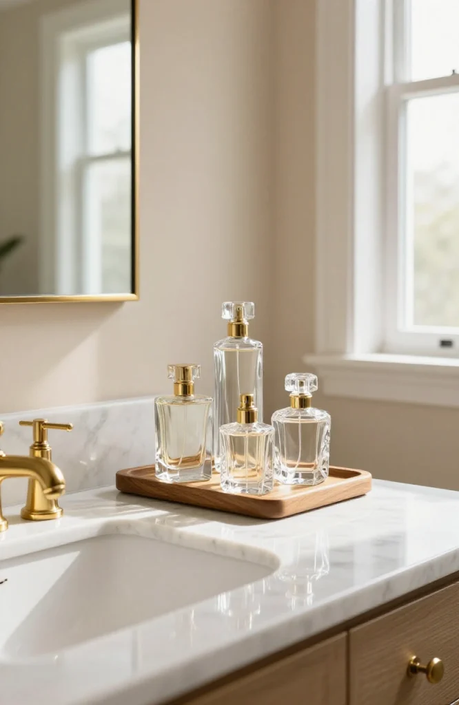 Organized bathroom vanity tray displaying multiple perfume bottles arranged by size and color