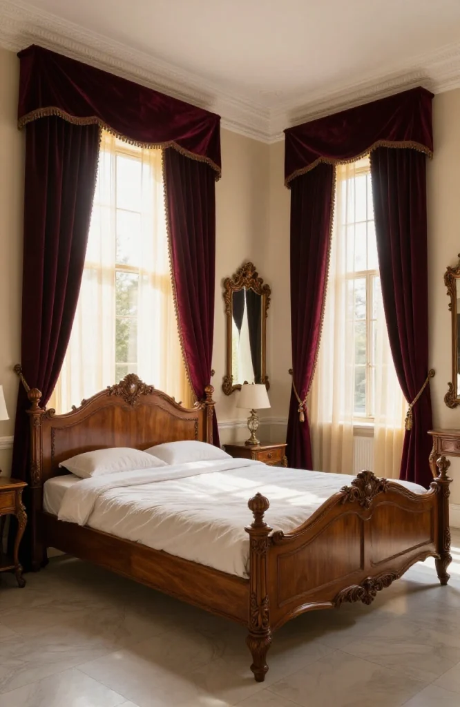Bedroom with luxurious deep velvet curtains creating dramatic festive atmosphere for Halloween decor
