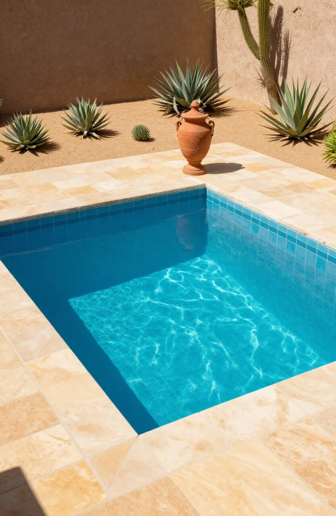 Small desert oasis plunge pool surrounded by sandstone pavers and drought-resistant succulents in a compact yard landscape