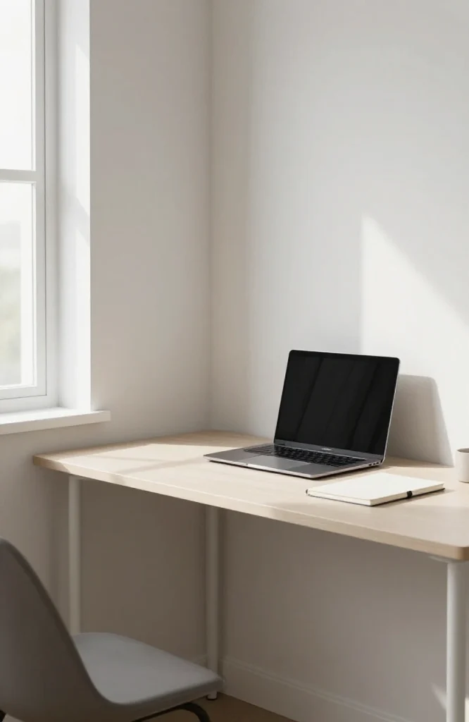 Minimalist portable workspace with laptop, wireless mouse, notebook, and charging cables arranged on compact desk
