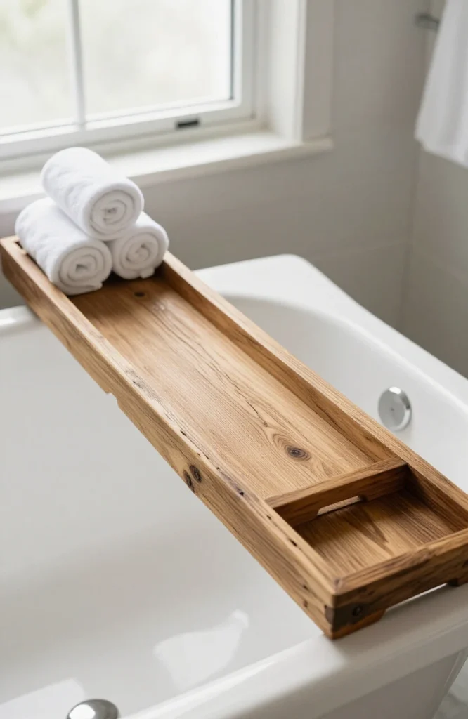 Rustic reclaimed wood bathtub tray with spa accessories and candles for bathroom organization