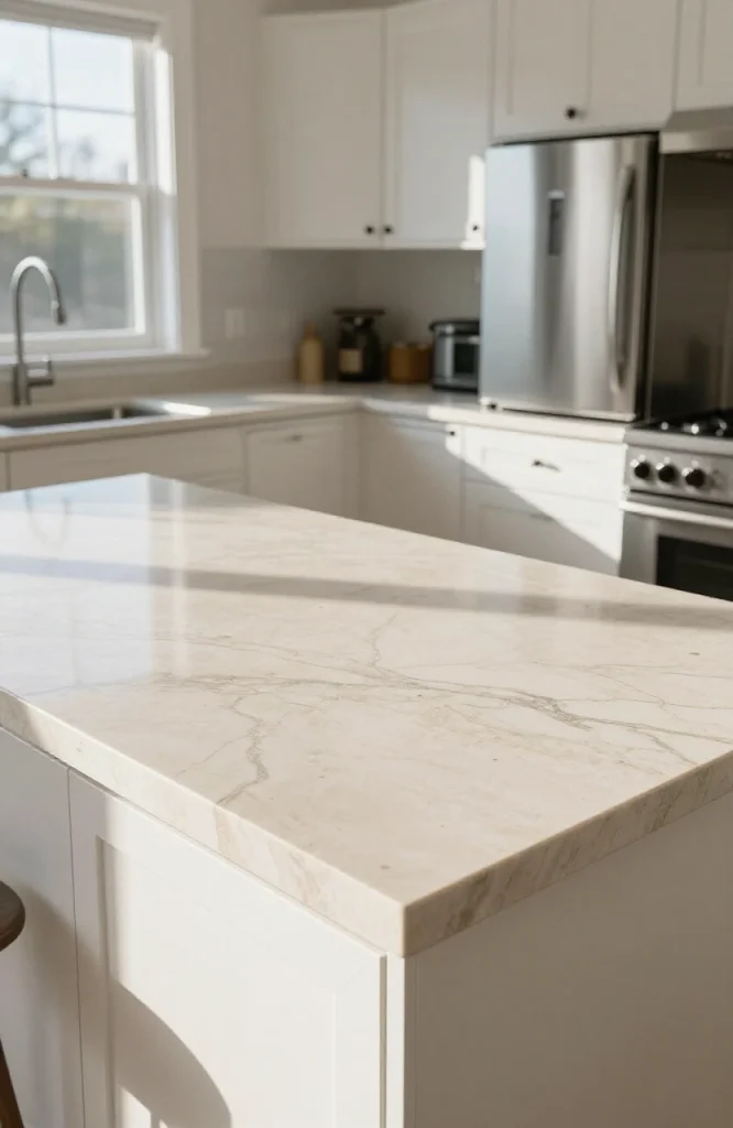 Dolomite kitchen countertop with natural white and gray veining resembling marble