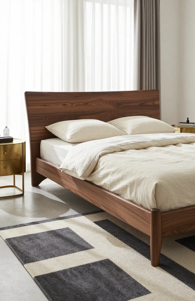 Modern bedroom with sleek wooden nightstand, upholstered bed frame, and minimalist dresser showcasing elegant functional furn