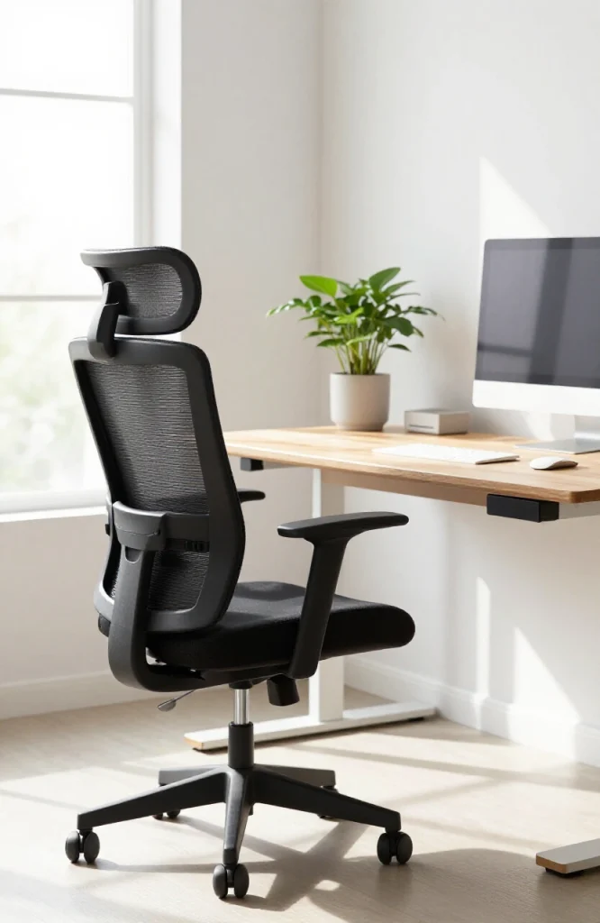 Adjustable desk with ergonomic office chair positioned at proper height for comfortable remote working