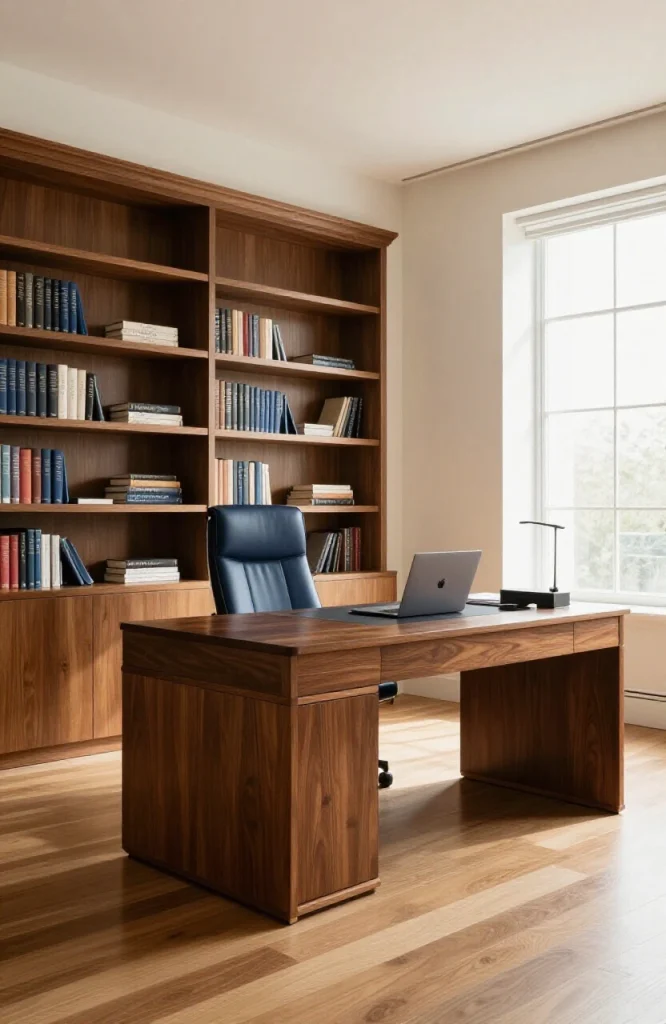 Professional home office featuring organized desk with computer monitor, ergonomic chair, and business accessories for remote