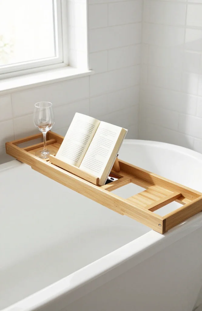 Expandable bamboo bath caddy with adjustable width holding bath products and toiletries on bathroom counter