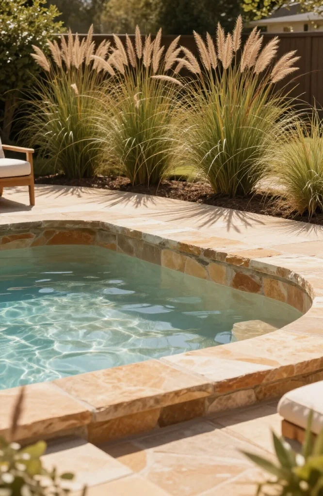 Small plunge pool with exposed aggregate concrete shell nestled among tall native grasses and natural landscaping