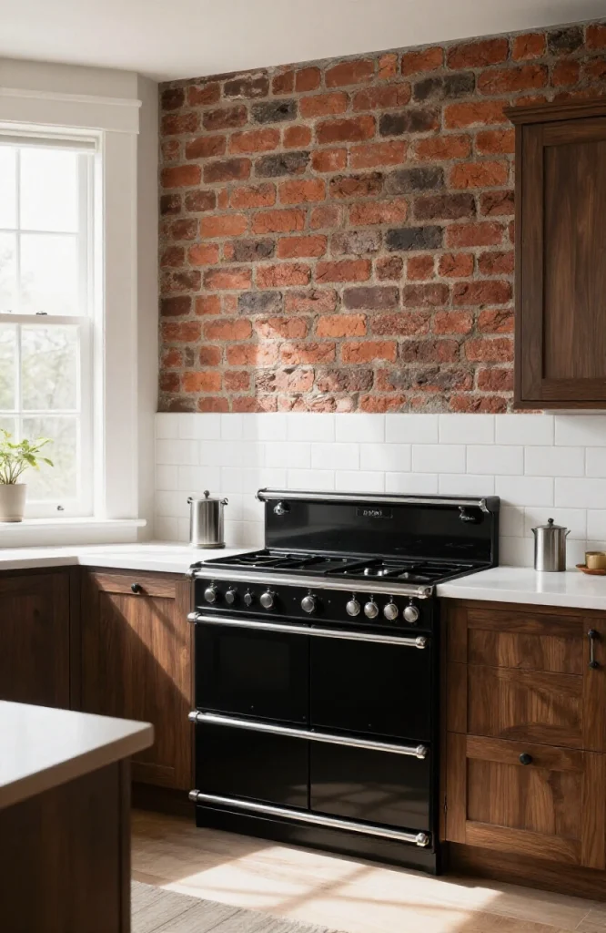 Victorian kitchen with exposed brick wall behind gas range and vintage copper cookware