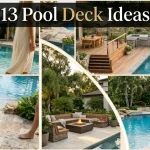 Collage of 13 pool deck ideas featuring travertine pavers, wood decking, multi-level designs, fire pits, and outdoor kitchens.