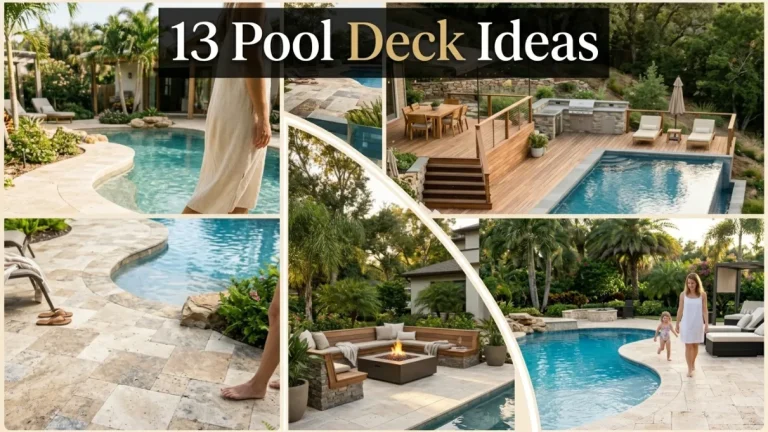 Collage of 13 pool deck ideas featuring travertine pavers, wood decking, multi-level designs, fire pits, and outdoor kitchens.