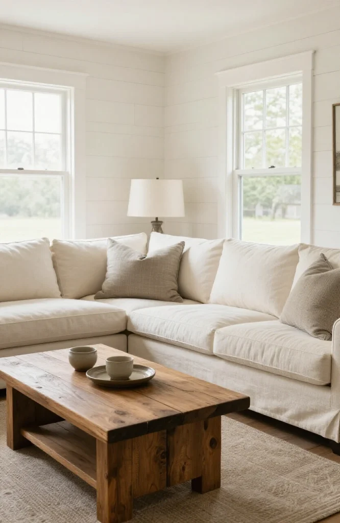 Farmhouse style L-shaped sofa with neutral upholstery and rustic wooden accents in a bright living room