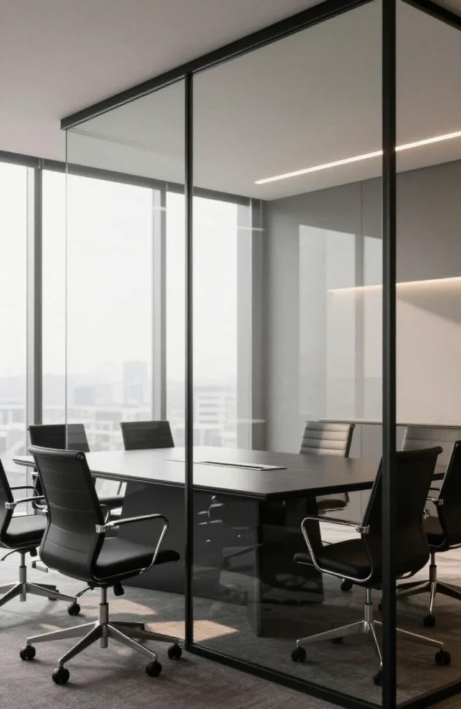 Professional meeting room setup with round table, ergonomic chairs, and video conference equipment for flexible workspace