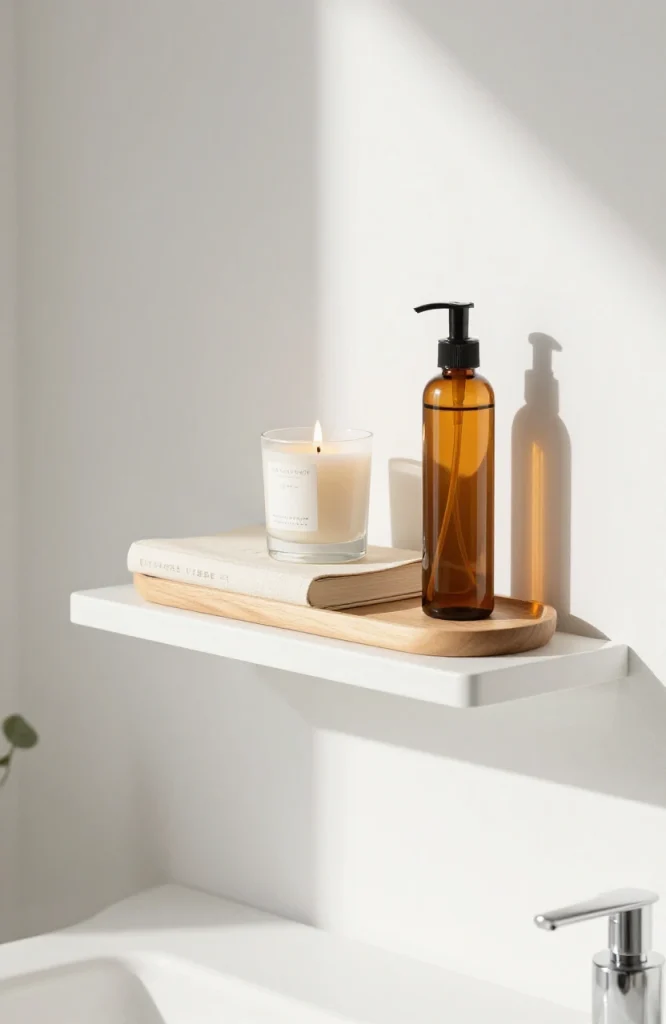 Organized bathroom tray positioned on a floating shelf displaying toiletries, candles, and decorative items
