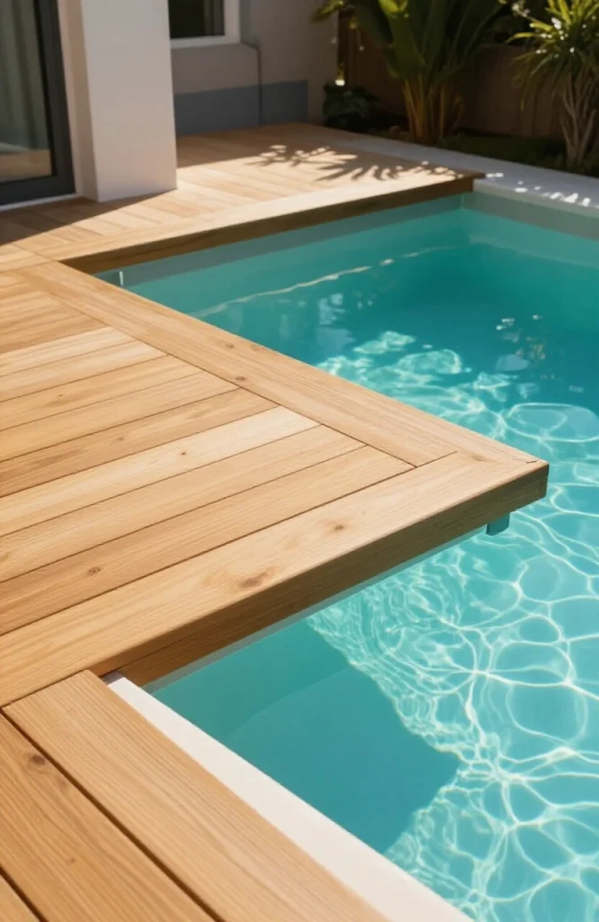 Floating timber platform suspended over shallow in-pool shelf in small plunge pool with dark water