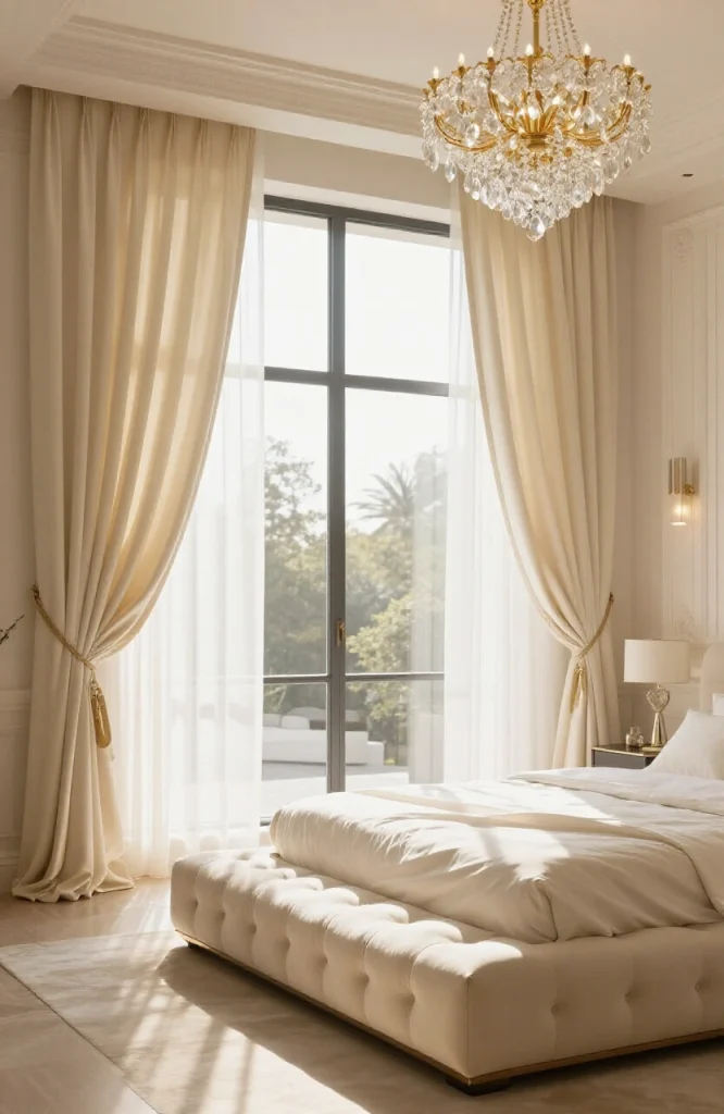 Floor-to-ceiling tailored curtains in elegant bedroom creating luxurious window treatment and vertical visual interest