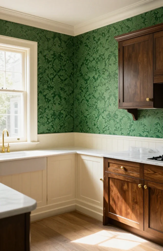 Victorian kitchen featuring floral damask wallpaper above a painted wainscot rail with traditional molding