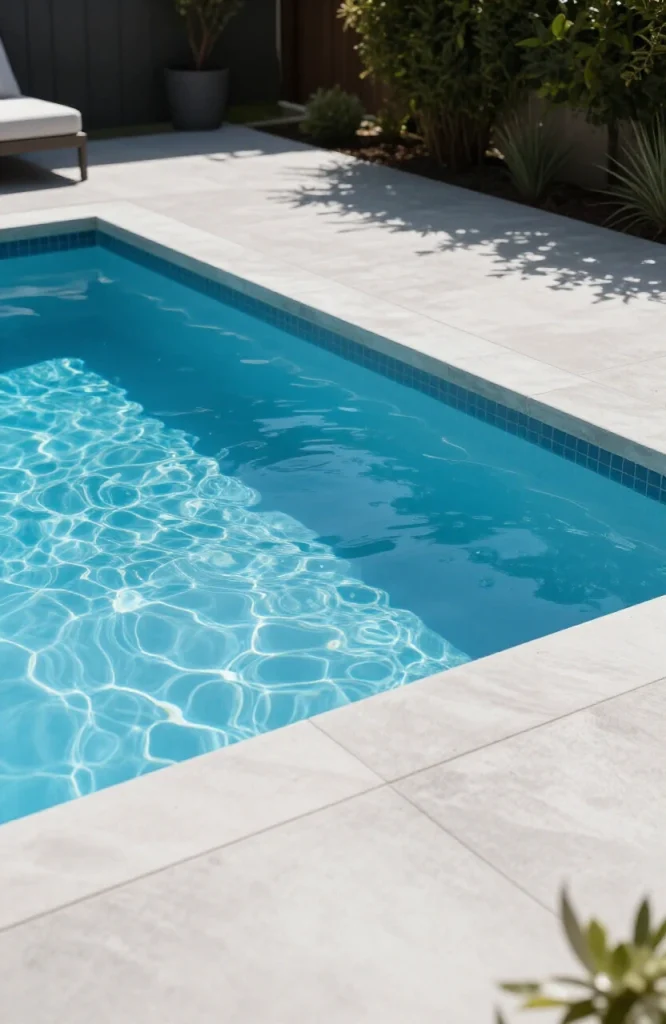 Rectangular plunge pool installed flush with patio surface in small backyard, modern design