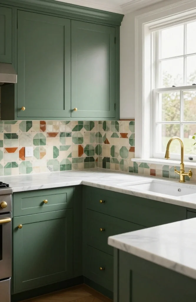 Victorian kitchen with forest green shaker cabinets white marble countertops and patterned tile backsplash
