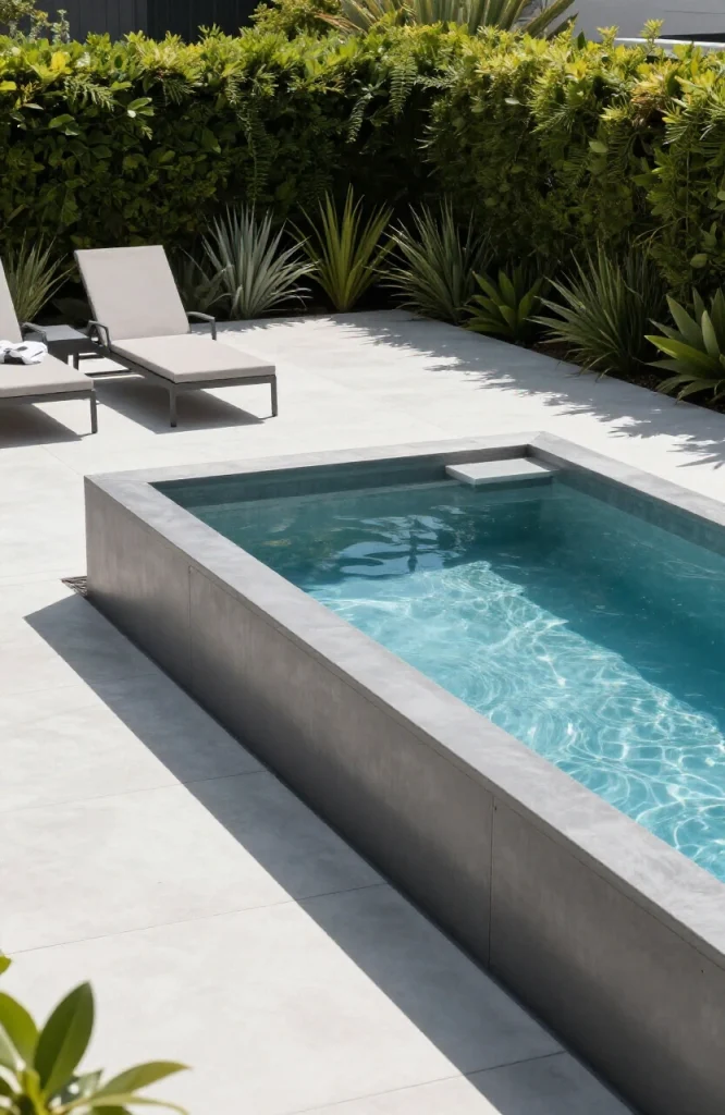 Freestanding above-ground steel panel plunge pool installed in small backyard with decking