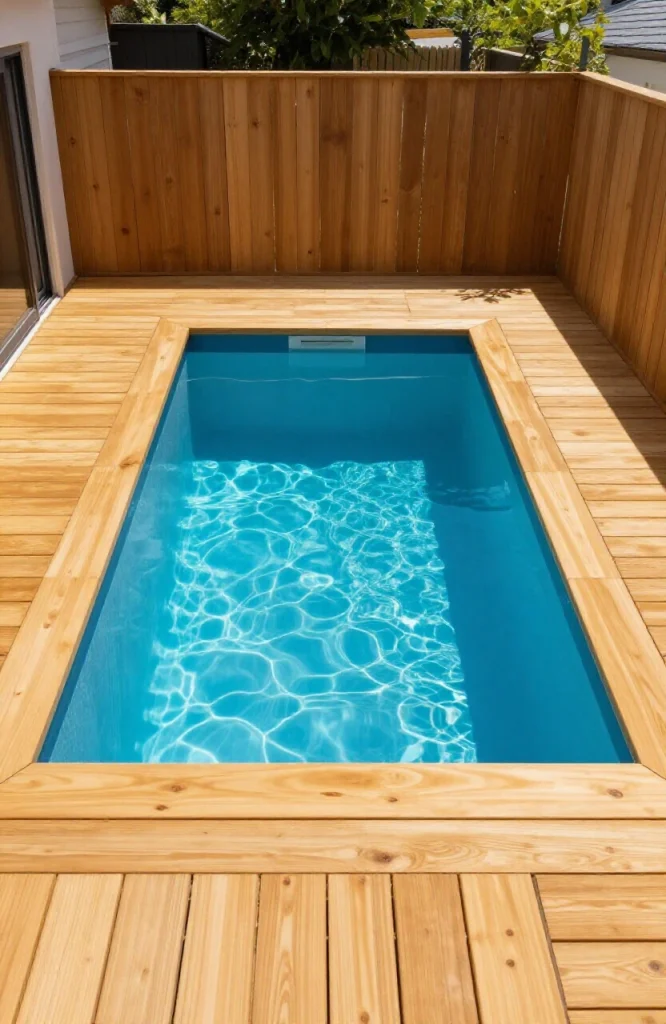 Plunge pool with full wrap timber decking flush with water line in residential backyard setting