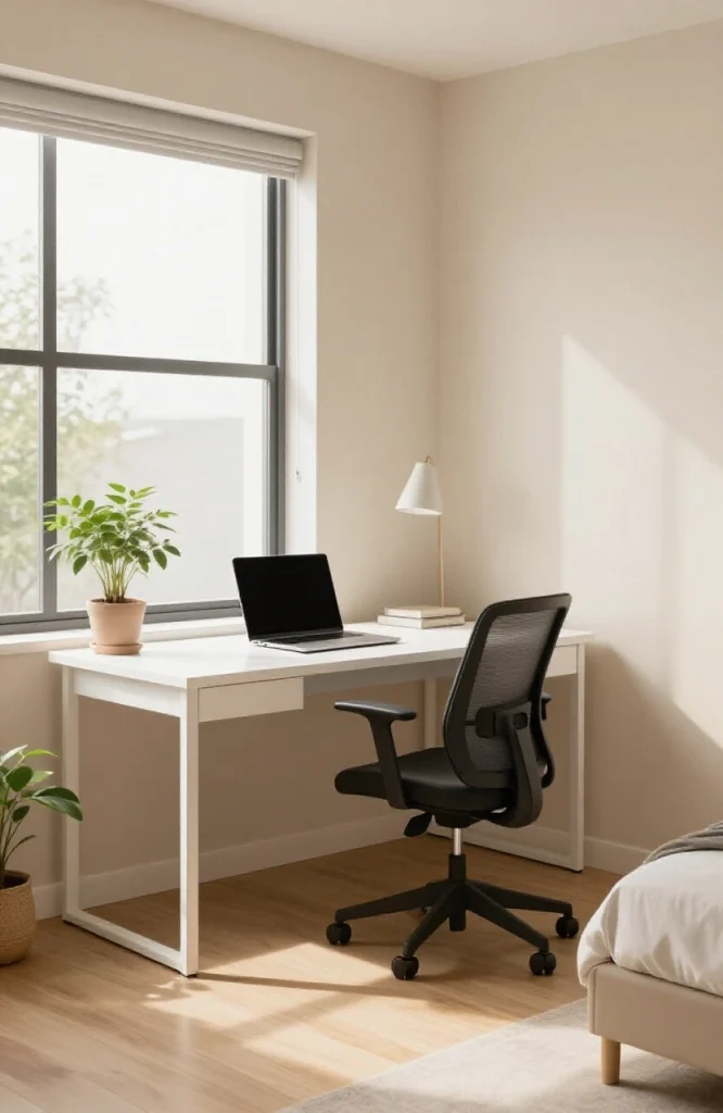 Furnished apartment workspace with desk, chair, and basic office essentials for remote work